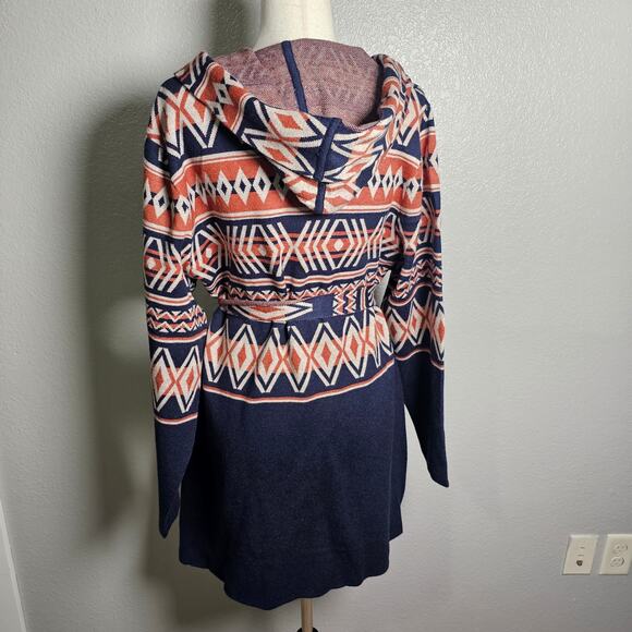 Western Aztec Luxurious Feeling Stretchy Knit Hoodie Cardigan with Belt PTP 24 - Picture 3 of 9